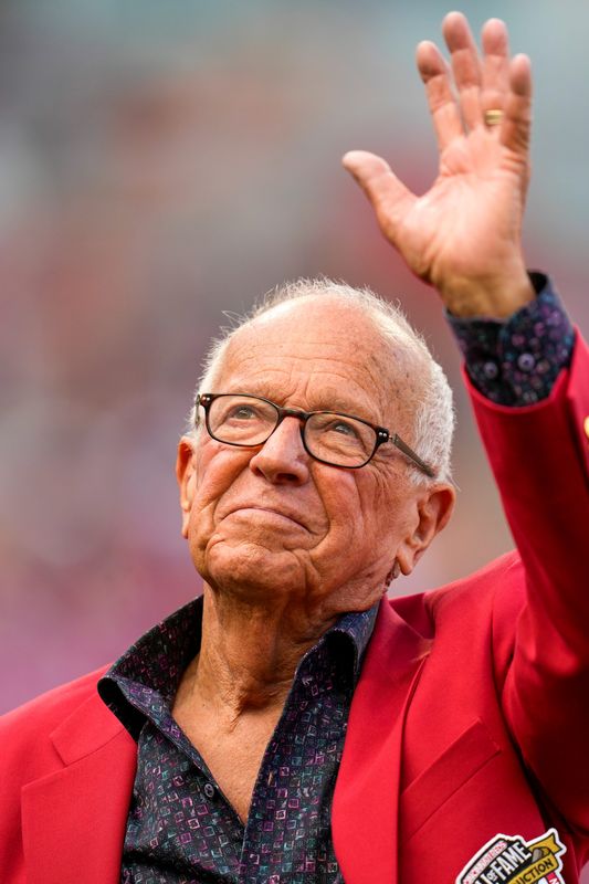 Former Reds broadcaster Marty Brennaman is introduced during a Reds Hall of Fame induction ceremony before the game between the Cincinnati Reds and the Detroit Tigers at Great American Ball Park in downtown Cincinnati on Saturday, April 25, 2026.