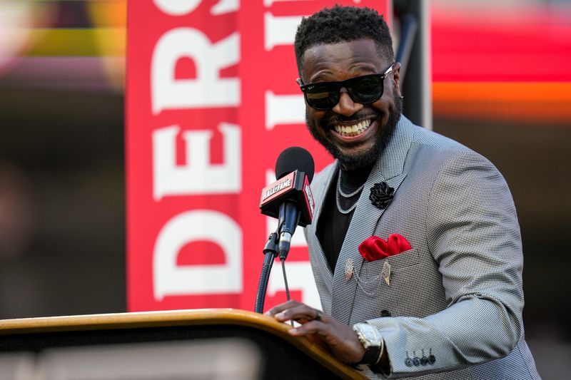 New Reds Hall of Famer Brandon Phillips gives a speech during a Reds Hall of Fame induction ceremony before the game between the Cincinnati Reds and the Detroit Tigers at Great American Ball Park in downtown Cincinnati on Saturday, April 25, 2026.