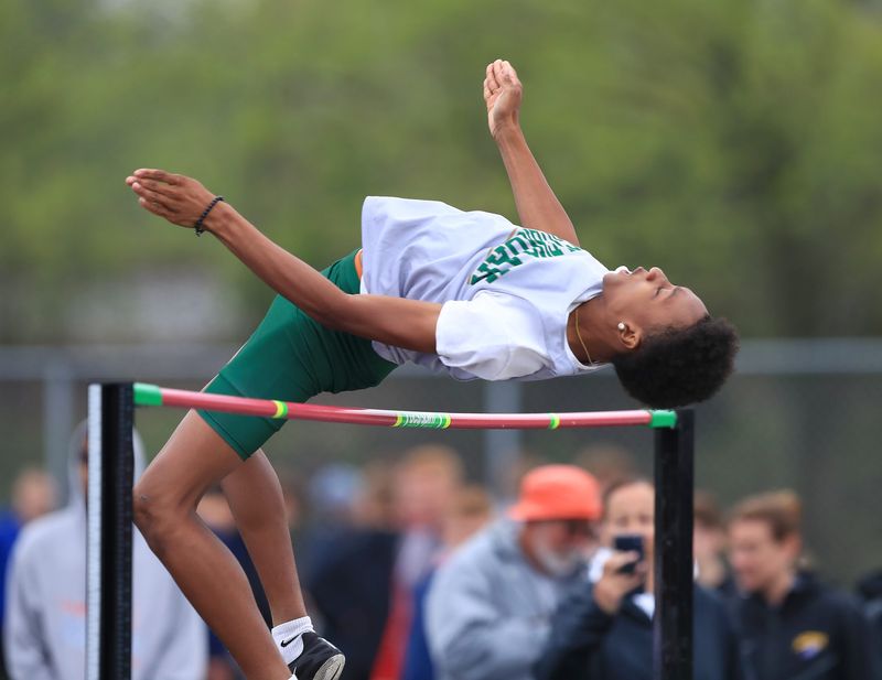 GlenOak's Caydren Saunders won the boys high jump event at the 2026 Stark County Championships track and field held at Perry High School, Saturday, April 25, 2026. Ed Hall Jr. / Special To The Canton Repository