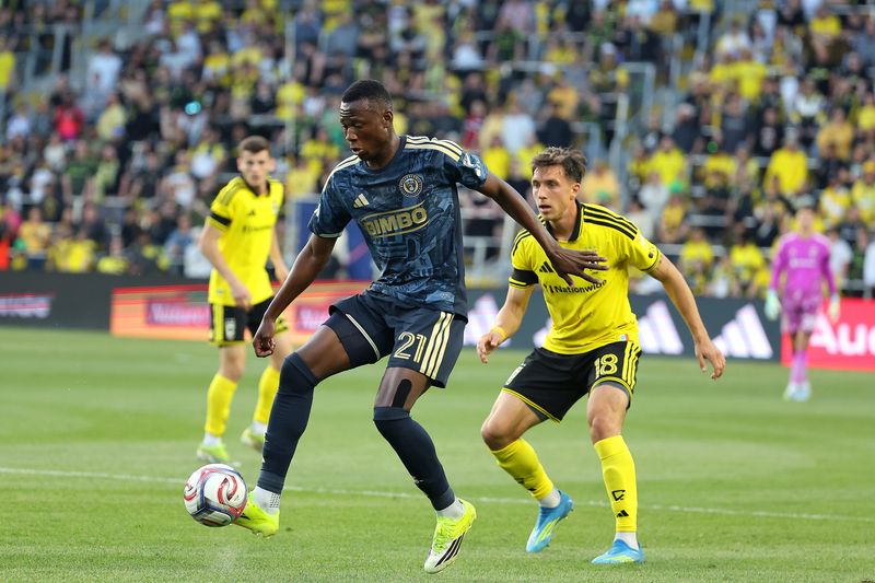 Union midfielder Danley Jean Jacques kicks the ball against the The Crew on April 25.
