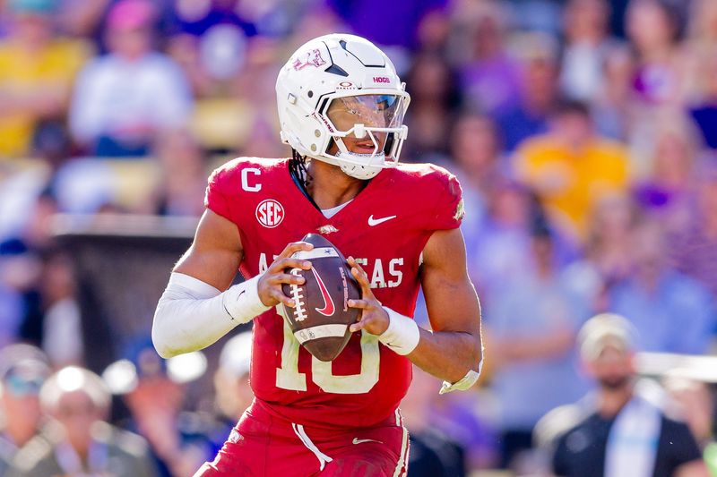 Arkansas Razorbacks quarterback Taylen Green looks to pass against the LSU Tigers on Nov. 15, 2025, in Baton Rouge, Louisiana.