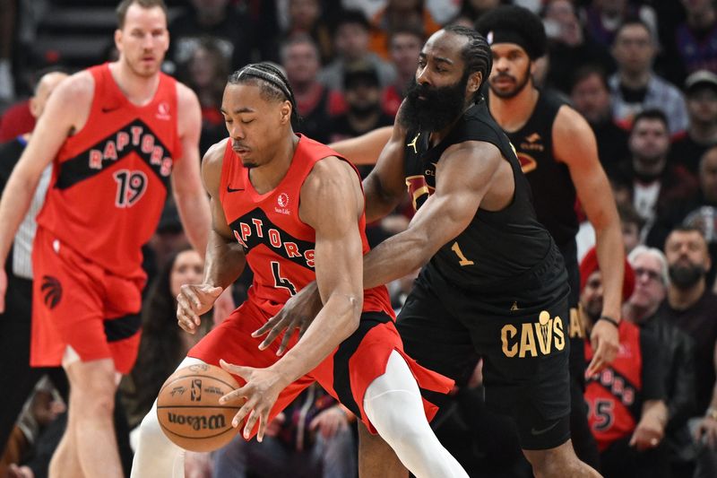 Apr 26, 2026; Toronto, Ontario, CAN; Cleveland Cavaliers guard James Harden (1) tries to steal the ball from Toronto Raptors forward Scottie Barnes (4) during game four of the first round of the 2026 NBA Playoffs at Scotiabank Arena. Mandatory Credit: Dan Hamilton-Imagn Images