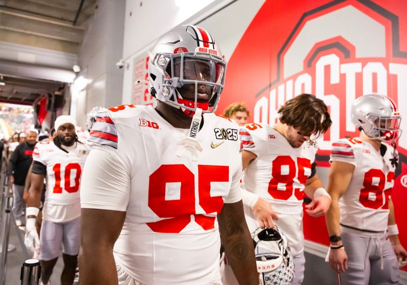 Jan 20, 2025; Atlanta, GA, USA; Ohio State Buckeyes defensive tackle Tywone Malone Jr. (95) against the Notre Dame Fighting Irish during the CFP National Championship college football game at Mercedes-Benz Stadium. Mandatory Credit: Mark J. Rebilas-Imagn Images
