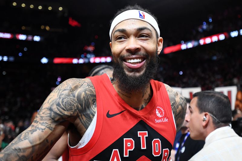 Apr 26, 2026; Toronto, Ontario, CAN; Toronto Raptors forward Brandon Ingram (3) celebrates after a win over the Cleveland Cavaliers in game four of the first round of the 2026 NBA Playoffs at Scotiabank Arena. Mandatory Credit: Dan Hamilton-Imagn Images