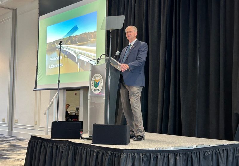 Delaware County Commissioner Gary Merrell speaks during the annual State of the County event on April 27.