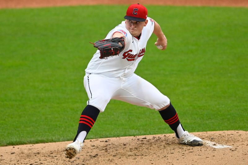 Apr 27, 2026; Cleveland, Ohio, USA; Cleveland Guardians starting pitcher Parker Messick (77) delivers a pitch in the third inning against the Tampa Bay Rays at Progressive Field. Mandatory Credit: David Richard-Imagn Images