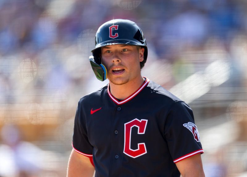 Guardians infielder Travis Bazzana shown during a spring training game against the Los Angeles Dodgers, Feb. 24, 2026, in Phoenix.