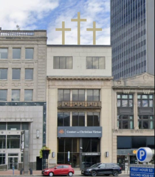 A rendering shows three gold metallic crosses on the roof of Center for Christian Virtue's office building at 62 E. Broad St. in downtown Columbus. During an April 28 meeting, the Downtown Commission rejected the request to add the crosses to the roof.