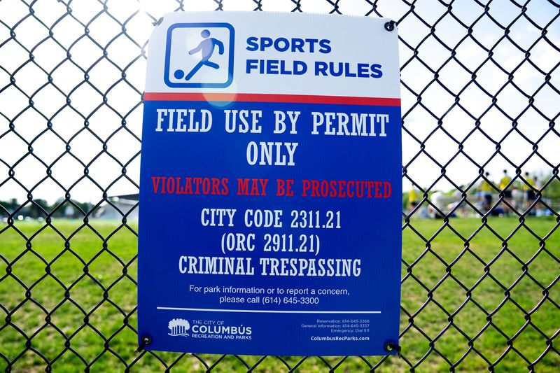 Trespassing sign at Kilbourne Run Sports Park on Tuesday, April 28, 2026 in Columbus, Ohio.