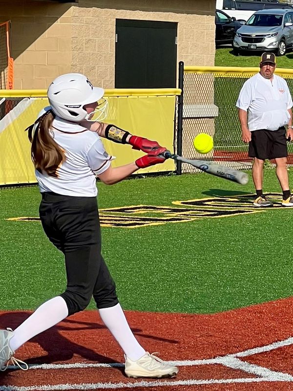 Northmor's Zariah Blevins hits the ball during a home Knox Morrow Athletic Conference softball victory over East Knox April 28, 2026.