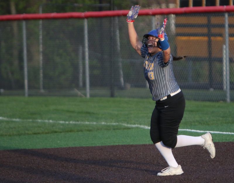 Ontario's Morgan Pearson celebrates a ninth-inning 3-run home run during the Warriors' 12-10 Mid-Ohio Athletic Conference win over Shelby on Tuesday, April 28, 2026.