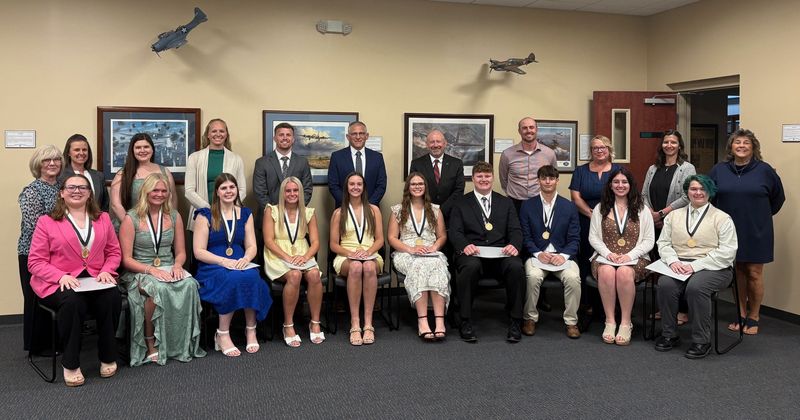 Oak Harbor High School Top are seated, left to right,Hannah Hartigan, Alayna Hall, Sophia Grieger, Hayley Fallgren, Kaitlyn Meloche, Chloe Shupe and Alex Rife, Cooper Schultz, Madison Torres, and Gray Warren. Honored educators are Lauretta swint, Principal Lauren Cummings, Elly Gilbert, Megan McGuire, Cole Weirich, Aaron Bomer, Doug Slagle, AJ Cecil, Meghan Dougherty, Alyssia Graber and Benton-Carroll-Salem Superintendent Cathy Bergman.