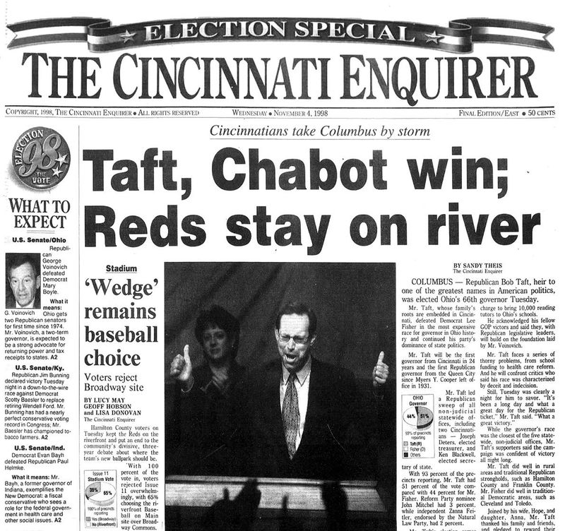 The November 4, 1998, edition of The Cincinnati Enquirer announced the end of a lengthy battle over the location for a news Reds ballpark.