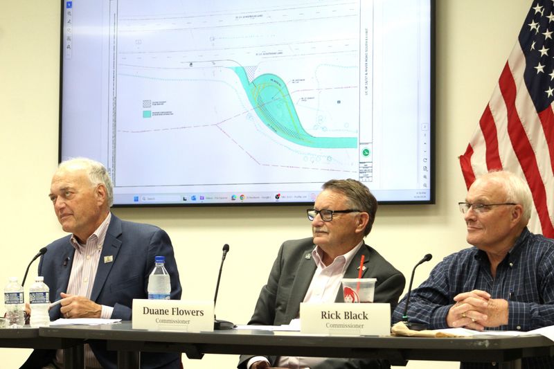 Licking County Commissioners Tim Bubb, Duane Flowers and Rick Black listen to testimony during an April 28, 2026 hearing in Newark on ODOT's petition to remove part of River Road in Licking County.