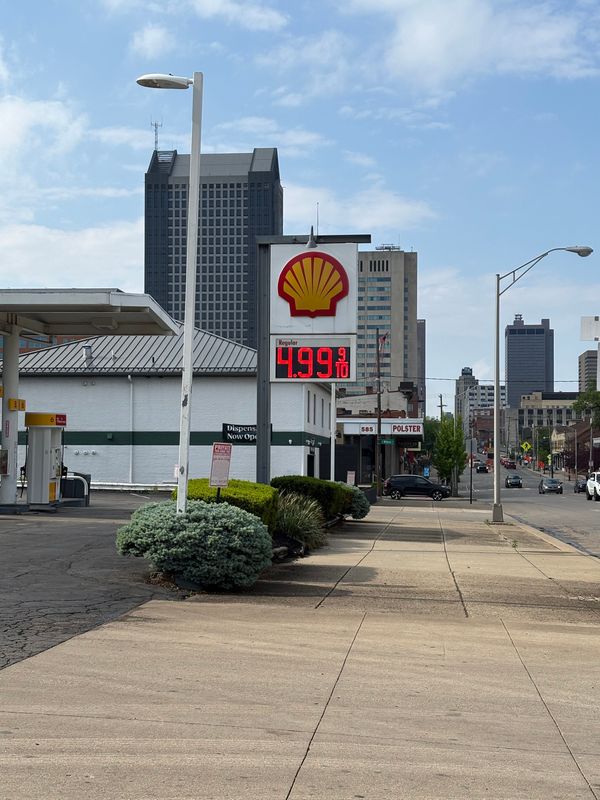 Gas is $4.99 per gallon at the Shell station off Sycamore and South High streets in the Brewery District on April 29, 2026.
