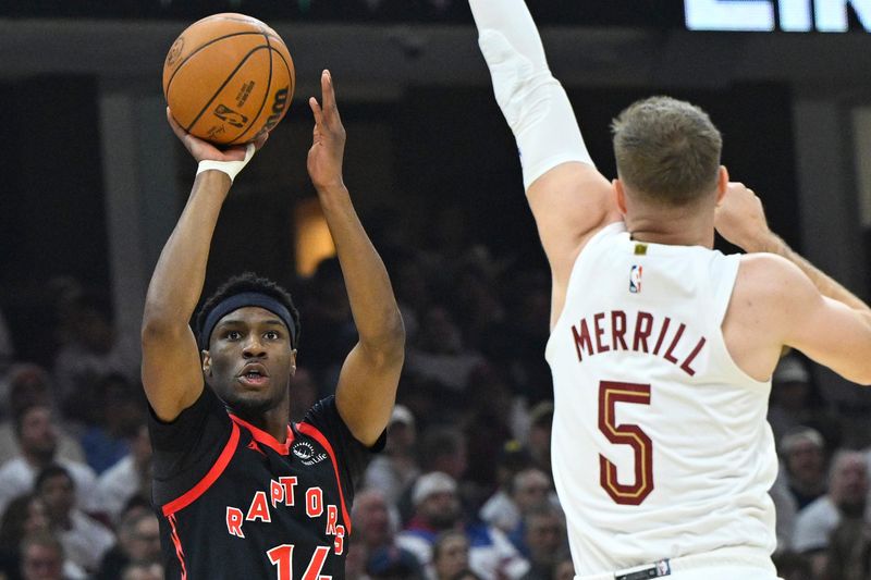 Apr 29, 2026; Cleveland, Ohio, USA; Toronto Raptors guard Ja'Kobe Walter (14) shoots beside Cleveland Cavaliers guard Sam Merrill (5) in the first quarter of game five of the first round of the 2026 NBA Playoffs at Rocket Arena. Mandatory Credit: David Richard-Imagn Images