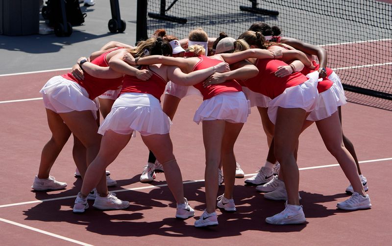The Ohio State Buckeyes huddle prior to their women's tennis match against the Rutgers Scarlet Knights in Columbus on April 24, 2022.

Ncaa Tennis Rutgers Scarlet Knights At Ohio State Buckeyes