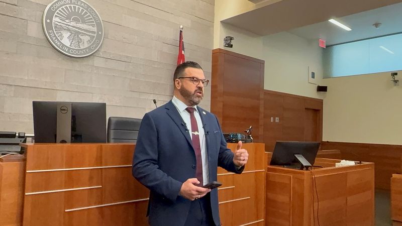 Brian Steel, president of Fraternal Order of Police Capital City Lodge #9, speaks at the Franklin County Court of Common Pleas April 30, the morning after a Columbus police officer was wounded and a suspect was killed in a shooting following an attempted traffic stop