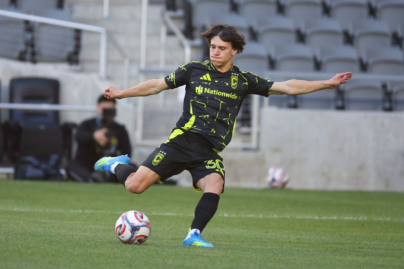 Apr 29, 2026; Columbus, OH, USA; Columbus Crew midfielder Hugo Picard (30) kicks the ball during the first half against One Knoxville SC at ScottsMiracle-Gro Field. Mandatory Credit: Joseph Maiorana-Imagn Images