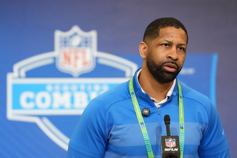 Feb 24, 2026; Indianapolis, IN, USA; Cleveland Browns general manager Andrew Berry speaks at the NFL Scouting Combine at the Indiana Convention Center. Mandatory Credit: Kirby Lee-Imagn Images