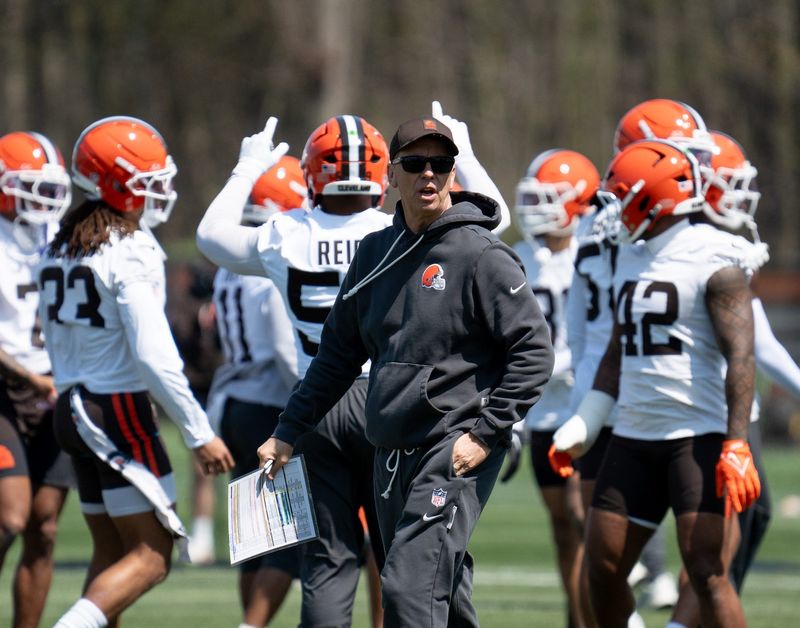 Coach Todd Monken walks through groups of players as they train at the Browns mini camp in Berea on April 21, 2026.