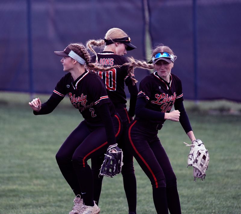 Lberty Union's outfielders partake in their routine before taking their positions in a 1-0 win over Bloom-Carroll on April 30, 2026, at Bloom-Carroll High School.