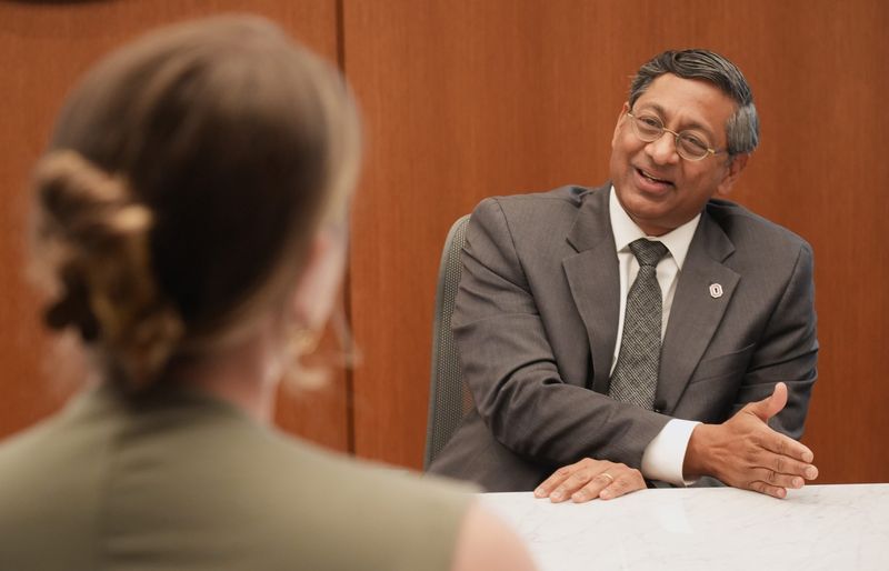 In one of his first interviews since becoming Ohio State's president, Ravi Bellamkonda discusses his whirlwind semester. He spoke with Sheridan Hendrix, higher education reporter from The Dispatch as well as reporters from The Lantern, the OSU student newspaper, and Columbus Business First on Friday, May 1, 2026 in his meeting room at University Square South.