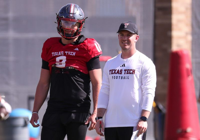 Texas Tech quarterback Brendan Sorsby stands next to offensive coordinator Mack Leftwich during spring football practice, Thursday, March 26. If Sorsby can't regain NCAA eligibility, he could be selected in the NFL supplemental draft.