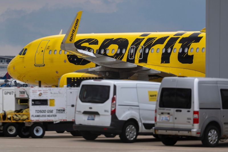 A Spirit Airlines plane sits on the tarmac at Detroit Metro Airport in Romulus on Friday, May 1, 2026.