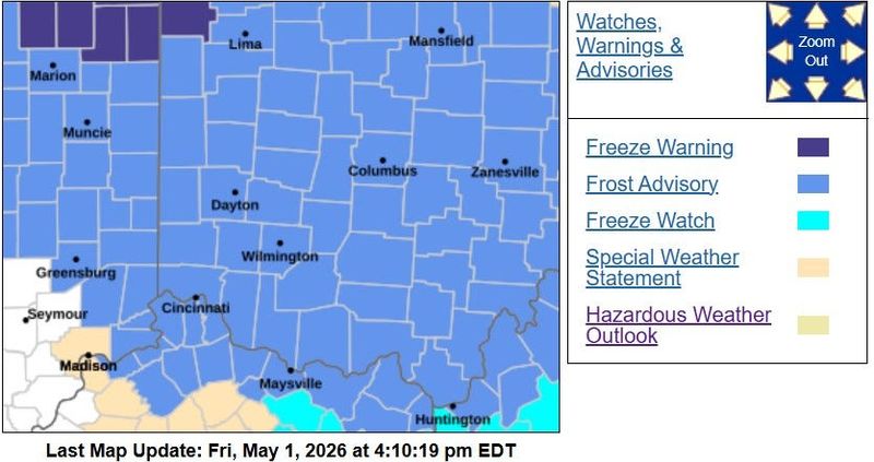 The National Weather Service in Wilmington has issued a frost advisory for central Ohio and most of Ohio from 12:01 a.m. to 9 a.m. on Saturday, May 2, 2026, as temperatures early in the morning could fall near freezing.