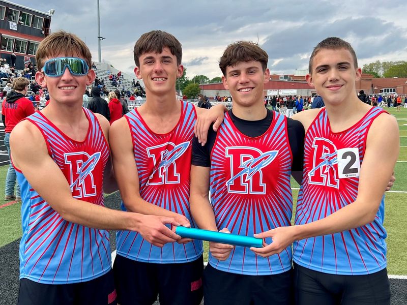 The Ridgedale boys 4x800-meter relay of, from left, Brogan Weston, Elliot Weston, Isaac Lust and Breyton Richmond finished second behind defending Division I state champion Lexington during the 76th running of the Marion Night Invitational at Harding Stadium May 1, 2026.