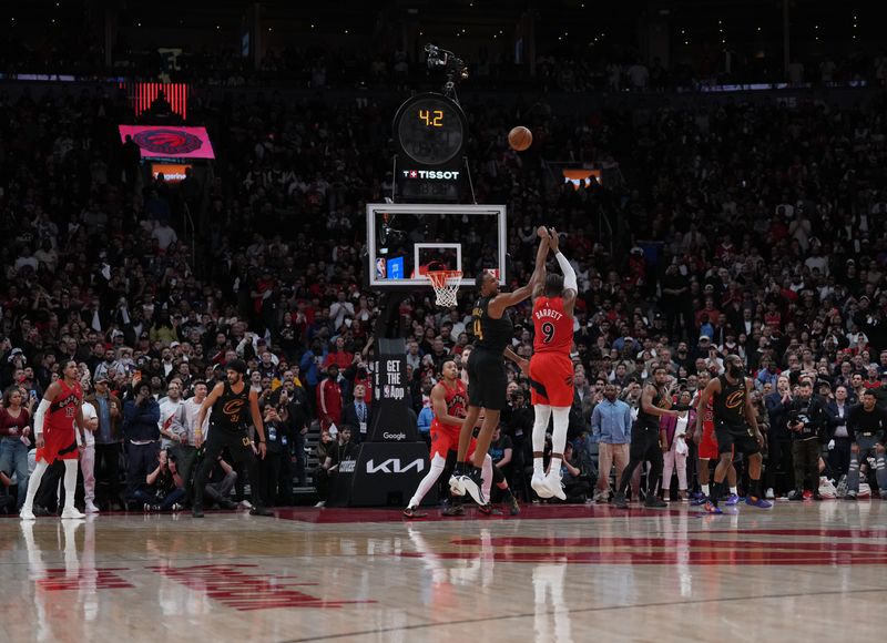 Toronto Raptors forward RJ Barrett shoots the ball to score the winning basket against the Cleveland Cavaliers during overtime in Game 6 of a first-round NBA playoff series May 1, 2026, in Toronto, Ontario, Canada.