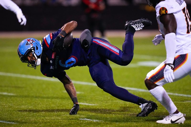 Columbus Aviators wide receiver Antwane Wells (6) attempts to keep his balance in the second quarter of the UFL game at Historic Crew Stadium on Friday, May 1, 2026 in Columbus, Ohio.