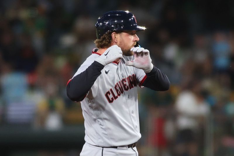 Guardians designated hitter Rhys Hoskins reacts after hitting a fifth-inning, two-run double in a return to his hometown against the Athletics, May 1, 2026, West Sacramento, California.