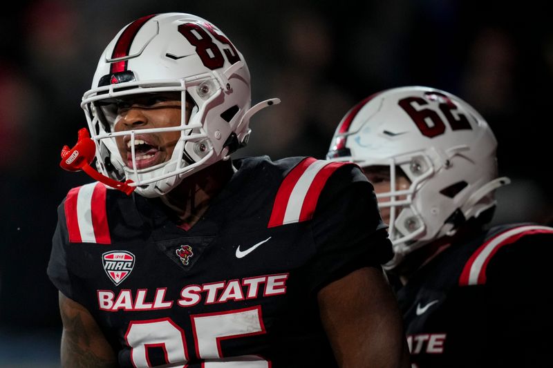 Nov 5, 2025; Muncie, Indiana, USA; Ball State Cardinals tight end Kameron Anthony (85) celebrates with teammates after scoring a touchdown against the Kent State Golden Flashes in the second half at Scheumann Stadium. Mandatory Credit: Aaron Doster-Imagn Images
