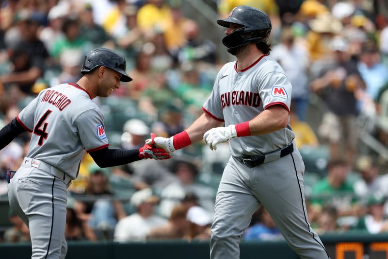 May 2, 2026; West Sacramento, California, USA; Cleveland Guardians catcher Austin Hedges (27) high fives shortstop Brayan Rocchio (4) after hitting a solo home run against the Athletics during the third inning.