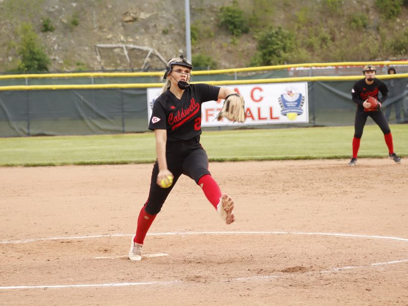 Caldwell's senior ace Makayla Mumaw (2) celebrates delivers a pitch during a 6-2 win over River in the OVAC 2A softball championship game at Chambers I-470 Fields in Elm Grove, West Virginiaon Saturday, May 2,2026. Mumaw collected the win from the circle finishing with 15 Ks to improve her season record to 13-1 with an impressive 1.22 ERA.