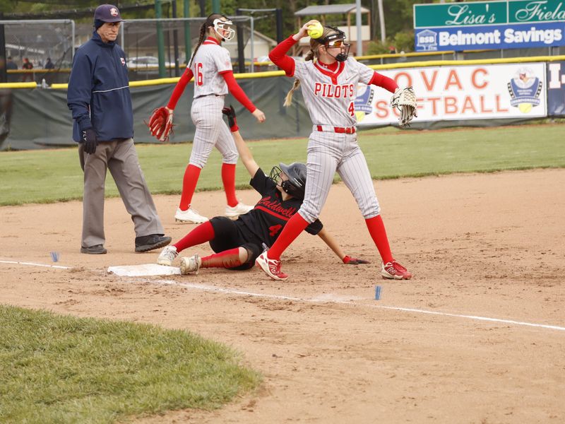 Caldwell's Breighlee Moracco (4) slides safely into third base during a 6-2 win over River in the OVAC 2A softball championship game at Chambers I-470 Fields in Elm Grove, West Virginia on Saturday, May 2,2026.