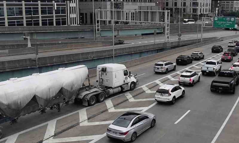 Traffic is backed up on Interstate 71 northbound in Downtown after a crash and fire involving a semi on Sunday, May 3, 2026.