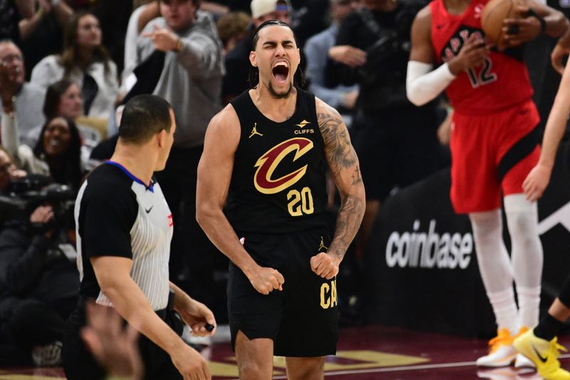 May 3, 2026; Cleveland, Ohio, USA; Cleveland Cavaliers guard Jaylon Tyson (20) reacts after a play against the Toronto Raptors during the first half of game seven in the first round of the 2026 NBA Playoffs at Rocket Arena. Mandatory Credit: Ken Blaze-Imagn Images