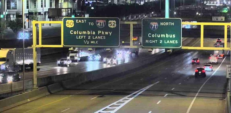 Vehicles are seen traveling on I-71 in downtown Cincinnati early Monday, May 4, 2026.