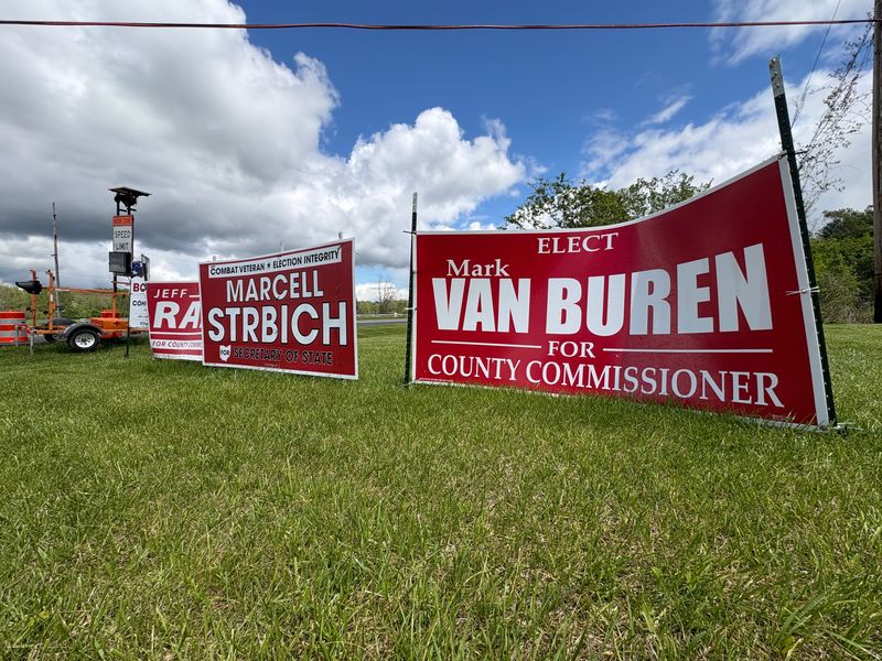 Granville Township removed campaign signs, pictured here April 30, at the River Road and State Route 16 intersection amid increasing discussion about traffic safety in the area. The township's zoning code prohibits signs in right of ways.