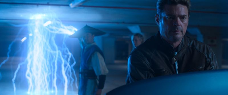 Tadanobu Asano as “Lord Raiden”, Jessica McNamee as “Sonya Blade”, and Karl Urban as “Johnny Cage” in New Line Cinema’s “Mortal Kombat 2.”