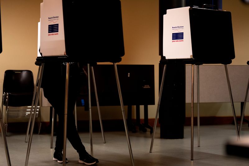 A person votes inside the Green Township Branch of the Cincinnati Public Library in Green Township on Tuesday, May 5, 2026.