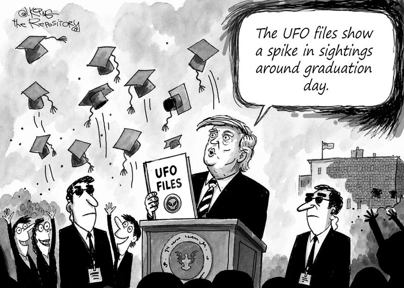 Editorial cartoonist Jerry King wonders what will be in the new batch of UFO files.