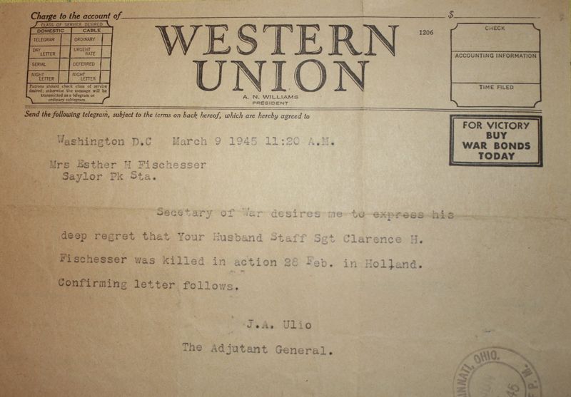 Esther Wolff of Delhi Township in 2012 shared the Western Union telegram she received telling her of the death of her husband, Staff Sgt. Clarence Fischesser, in 1945.