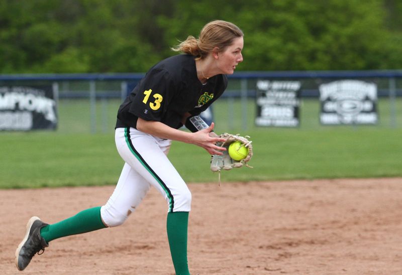 Newark Catholic's Veronica Bailey fields a ground ball on the run at shortstop during a 10-8 loss at Granville on May 6, 2026.