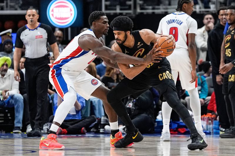 Detroit Pistons center Jalen Duren (0) defends Cleveland Cavaliers center Jarrett Allen (31) during the first half of Game 2 of second round of NBA playoffs at Little Caesars Arena in Detroit on Thursday, May 7, 2026.