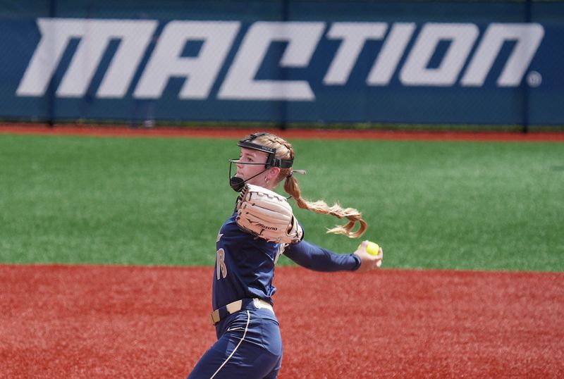 University of Akron’s pitcher Madie Jamrog delivers a pitch against Ohio University in the second inning of a MAC Tournament game at Firestone Stadium in Akron on May 7, 2026.