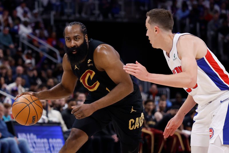 May 7, 2026; Detroit, Michigan, USA; Cleveland Cavaliers guard James Harden (1) dribbles defended by Detroit Pistons forward Duncan Robinson (55) in the first half during game two of the second round of the 2026 NBA Playoffs at Little Caesars Arena. Mandatory Credit: Rick Osentoski-Imagn Images